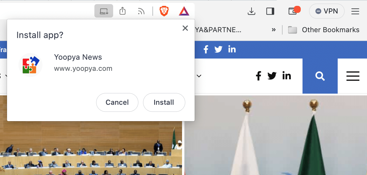Installing Yoopya PWA on Brave browser